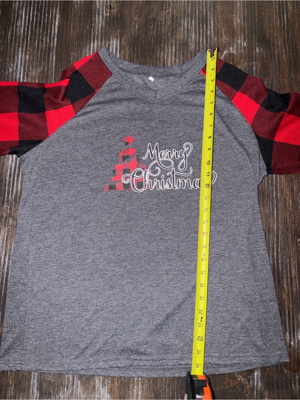 Women’s Gray Raglan Long Sleeve Tee with Red Plaid Sleeves - Merry Christmas - Picture 6 of 8